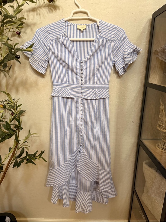 MELLODAY Dresses & Skirts - MELLODAY Light Blue and White Striped High-Low Midi Dress